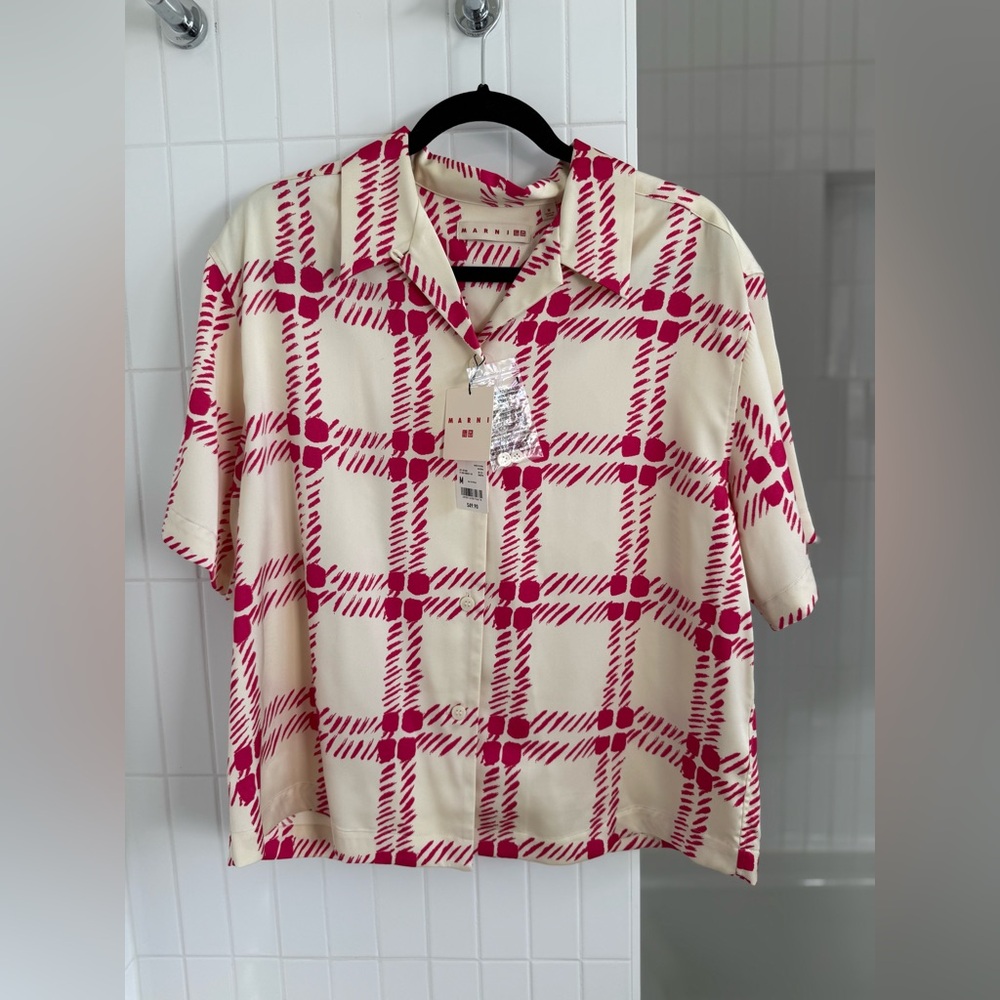 NWT Marni x Uniqlo Women’s Oversized Open Collar Short-Sleeve Crop Shirt, Size M